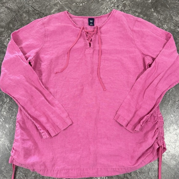 Gap Womens 100 % Linen Ruched‎ Sides V-neck Tunic Beachy Pink Sz XL - Picture 1 of 9
